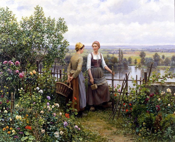 Maria and Madeleine on the Terrace, vintage artwork by Daniel Ridgway Knight, 12x8" (A4) Poster
