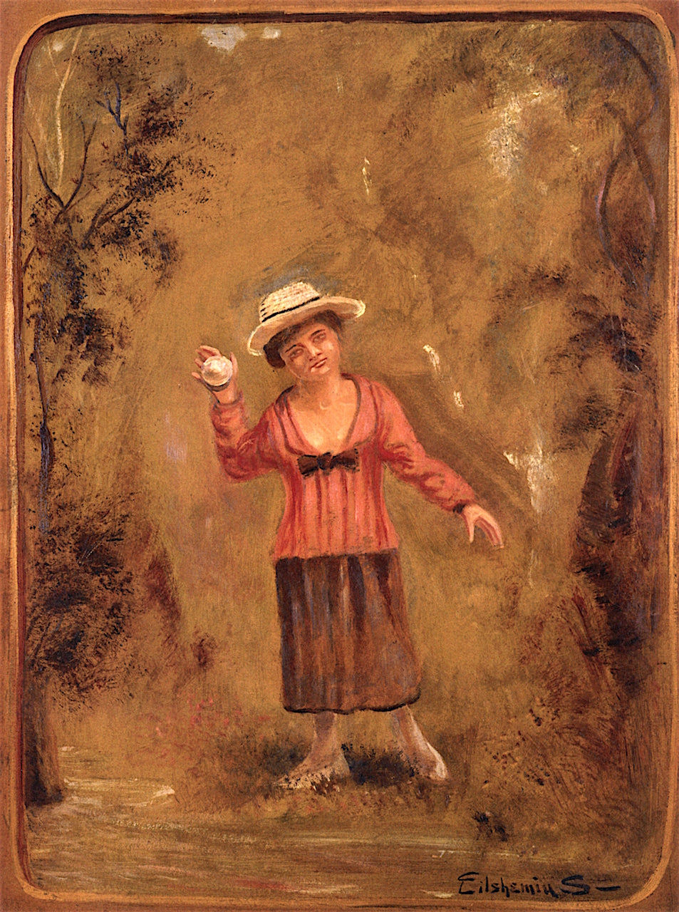 Girl Catching Ball, vintage artwork by Louis M. Eilshemius, 12x8" (A4) Poster