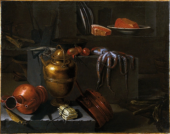 Kitchen Interior with Copper Ware, Octopus, and Onions on a Stone Ledge, vintage artwork by Giuseppe Recco, 12x8" (A4) Poster
