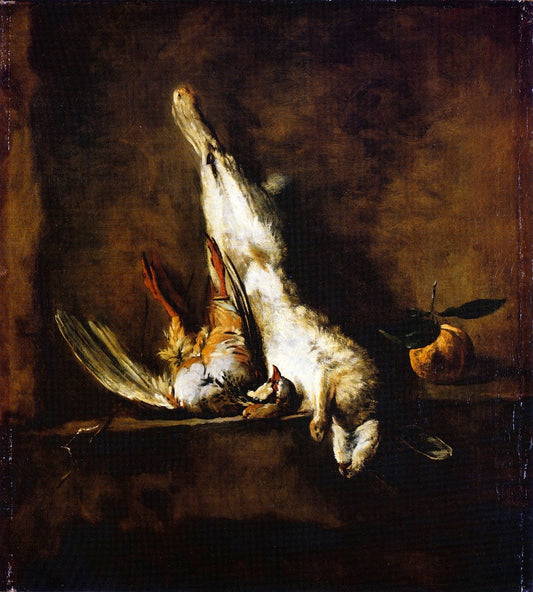 Rabbit with Red Partridge and Seville Orange, vintage artwork by Jean-Baptiste-Simeon Chardin, 12x8" (A4) Poster