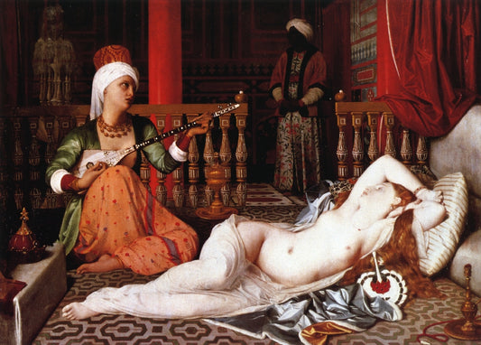 Odalisque with Female Slave, vintage artwork by Jean-Auguste-Dominique Ingres, 12x8" (A4) Poster