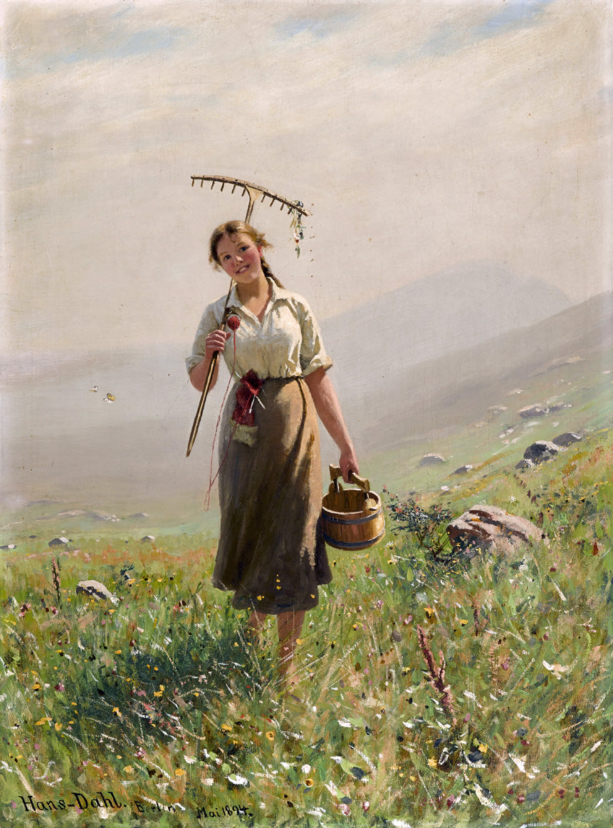 A Young Woman in the Meadow, vintage artwork by Hans Dahl, 12x8" (A4) Poster