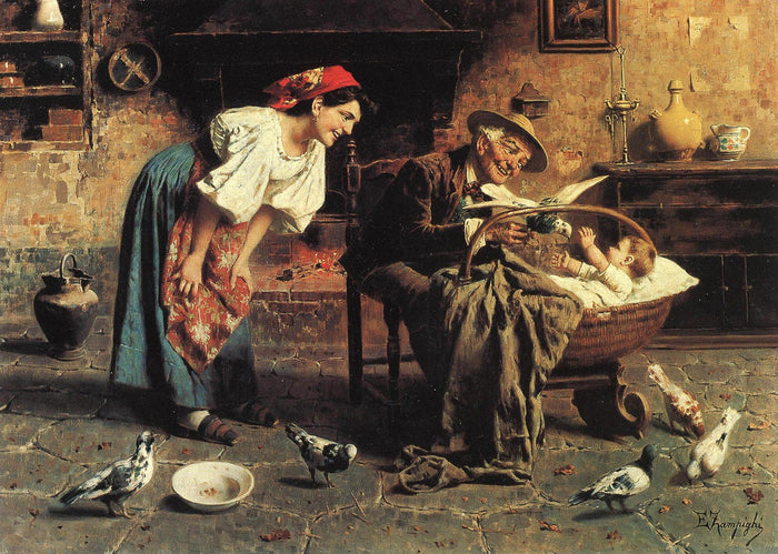 Baby and Doves by Eugenio Zampighi,A3(16x12