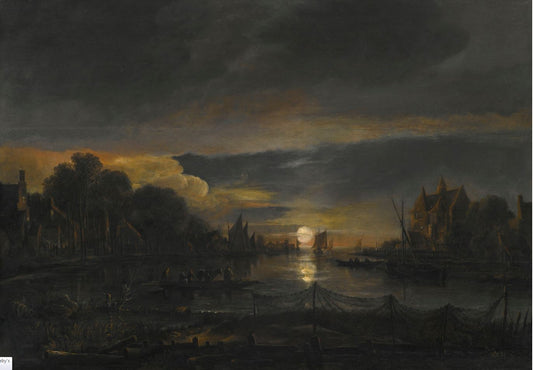 A River Landscape at Sunset, vintage artwork by Aert van der Neer, 12x8" (A4) Poster