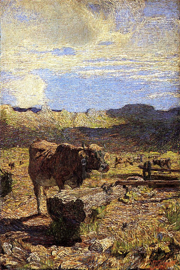 Cow at a Water Trough, vintage artwork by Giovanni Segantini, 12x8" (A4) Poster