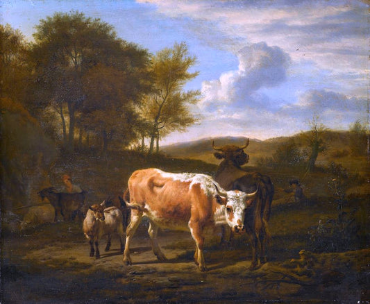 Mountainous Landscape with Cattle, vintage artwork by Adriaen van de Velde, 12x8" (A4) Poster