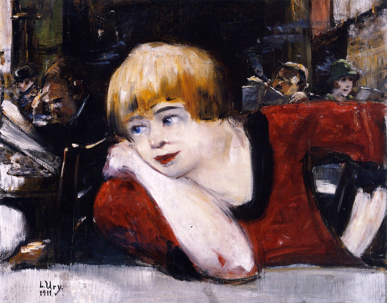 At the Cafe, Woman in Red by Lesser Ury,A3(16x12")Poster