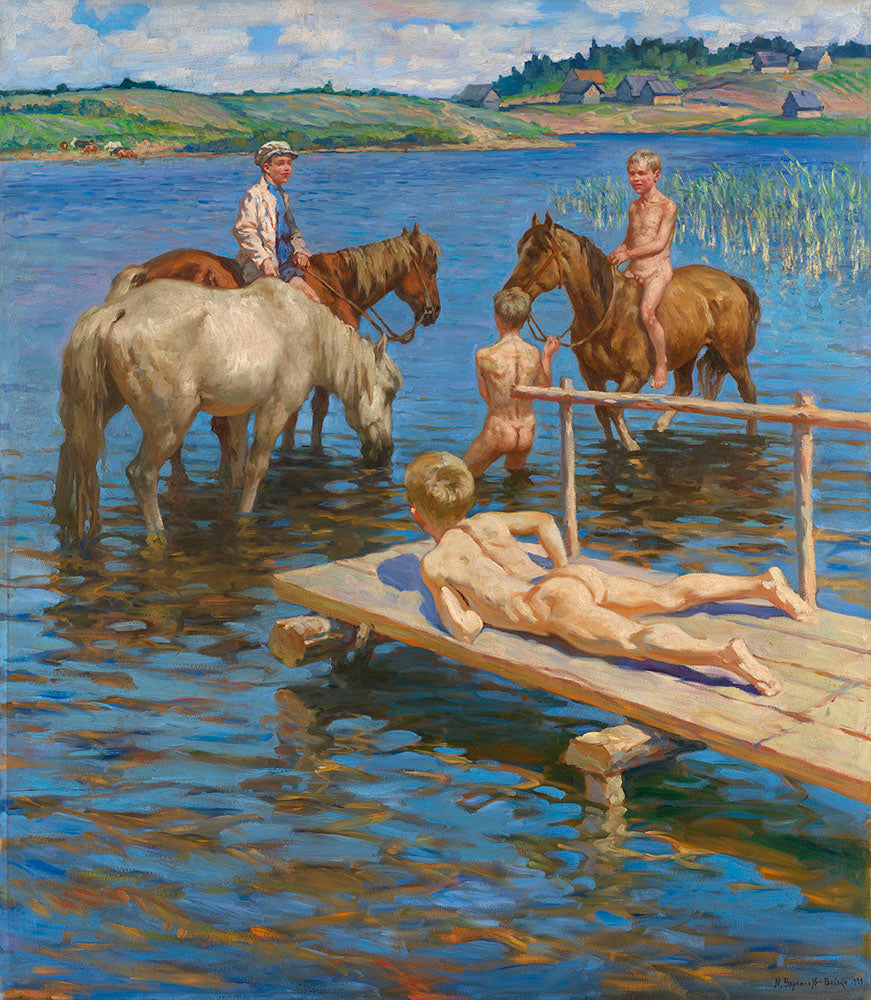 Bathing Horses by Nikolai Petrovich Bogdanov-Belsky,A3(16x12")Poster