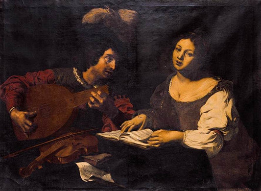 A Musician Playing a Lute to a Singing Girl, vintage artwork by Nicolas Regnier, 12x8" (A4) Poster