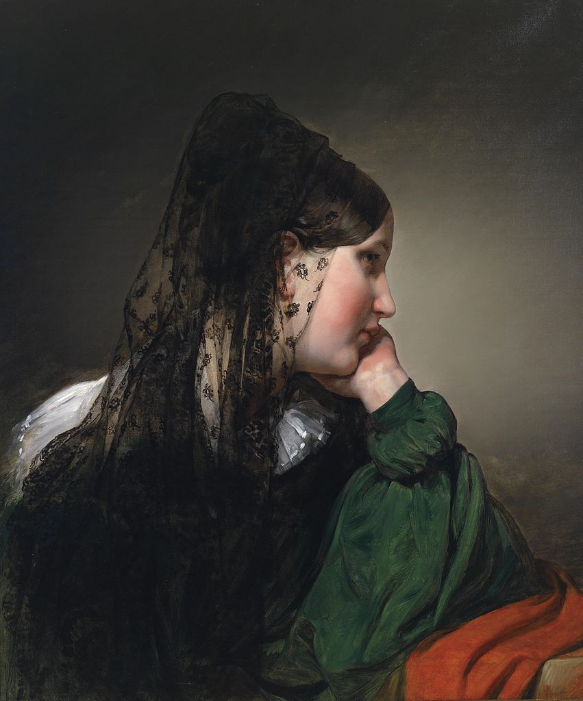 Girl in profile with a black mantilla, vintage artwork by Friedrich von Amerling, A3 (16x12") Poster Print