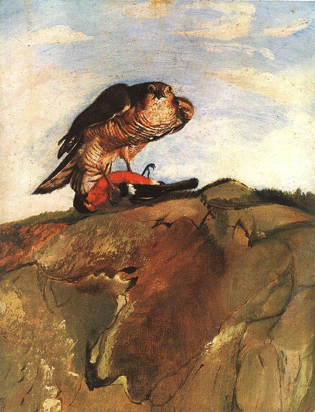 Sparrowhawk Bringing down a Bullfinch, vintage artwork by Tivadar Csontvary Kosztka, 12x8" (A4) Poster
