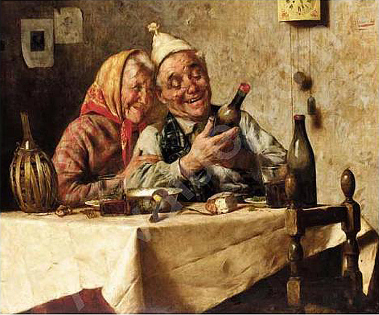 The Wine Seller and His Wife, vintage artwork by Pompeo Massani, 12x8" (A4) Poster
