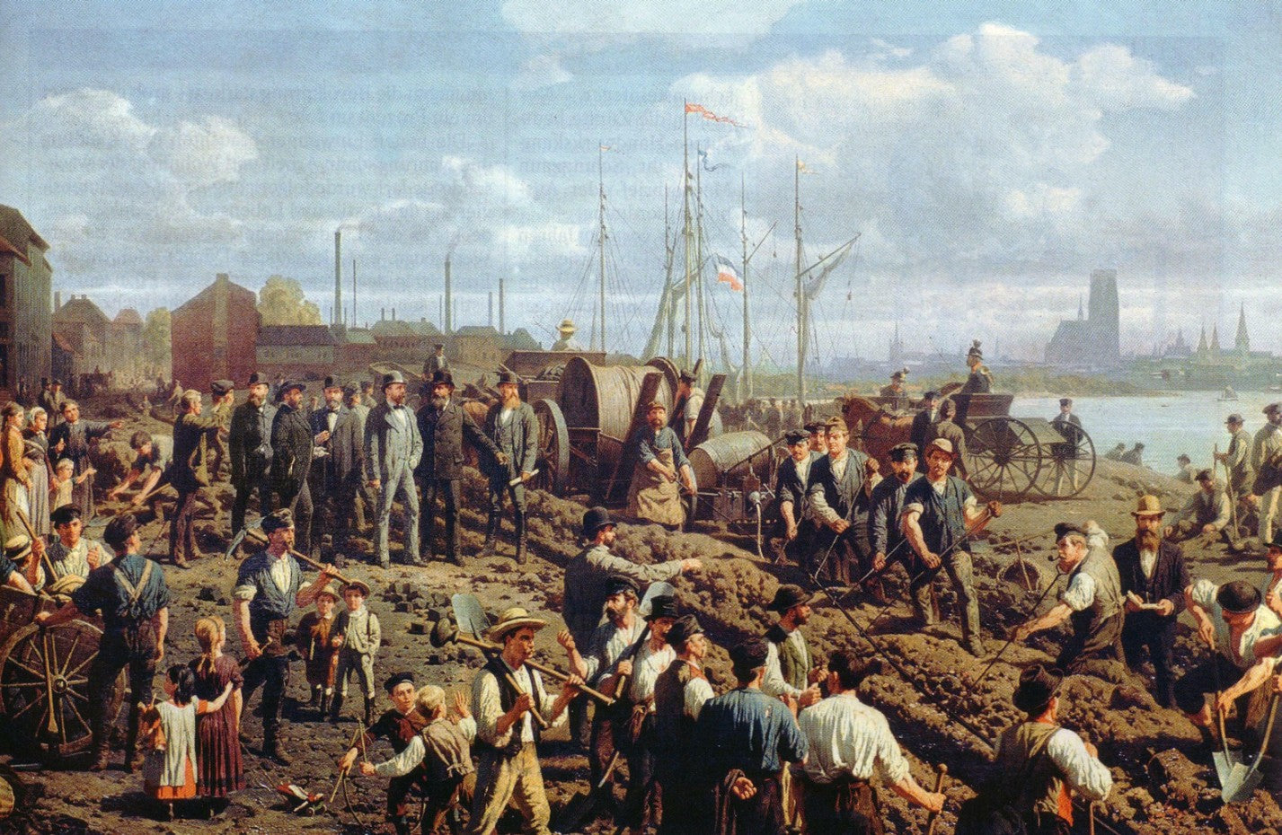 Laying the telegraph cable Berlin-Cologne near Mühlheim - 1878, vintage artwork by Christian Sell, 12x8" (A4) Poster
