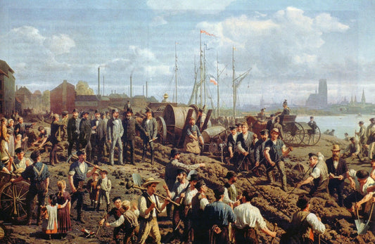 Laying the telegraph cable Berlin-Cologne near Mühlheim - 1878, vintage artwork by Christian Sell, 12x8" (A4) Poster