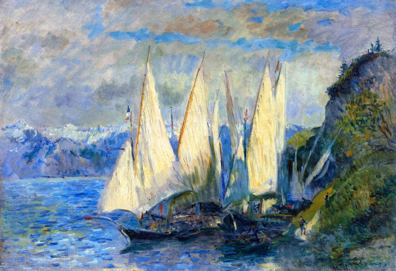 Boats with Large Sails on the Lac Leman at Meillerie in Haute-Savoie, vintage artwork by Albert Lebourg, 12x8" (A4) Poster