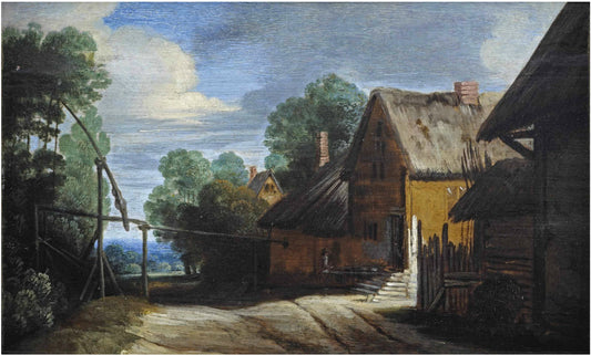 Farmhouses on a sandy road near a well, vintage artwork by Lodewijk de Vadder, 12x8" (A4) Poster