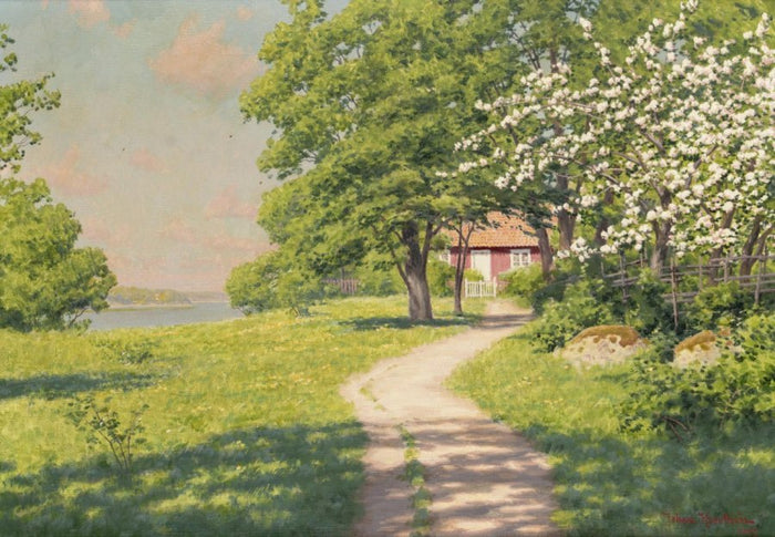 Cottage with flowering fruit trees by Johan Krouthen,A3(16x12