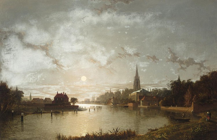 View of Marlow from the Thames by  moonlight, vintage artwork by Henry Pether, 12x8" (A4) Poster
