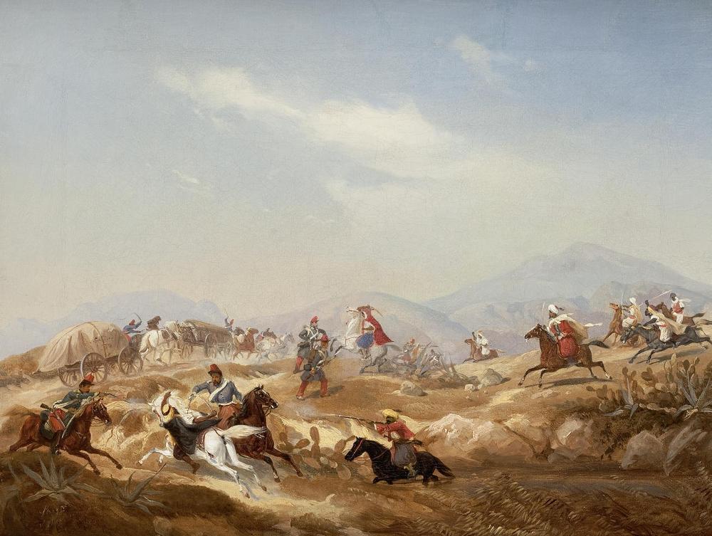 Arab Raiding Party Attacking a Convoy, vintage artwork by Niels Simonsen, A3 (16x12") Poster Print