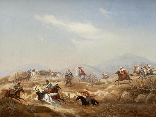Arab Raiding Party Attacking a Convoy, vintage artwork by Niels Simonsen, A3 (16x12") Poster Print