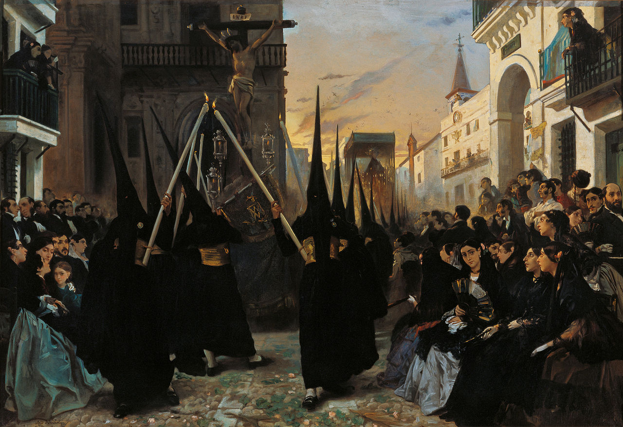 A Confraternity in Procession along Calle Genova, Seville, vintage artwork by Alfred Dehodencq, A3 (16x12") Poster Print