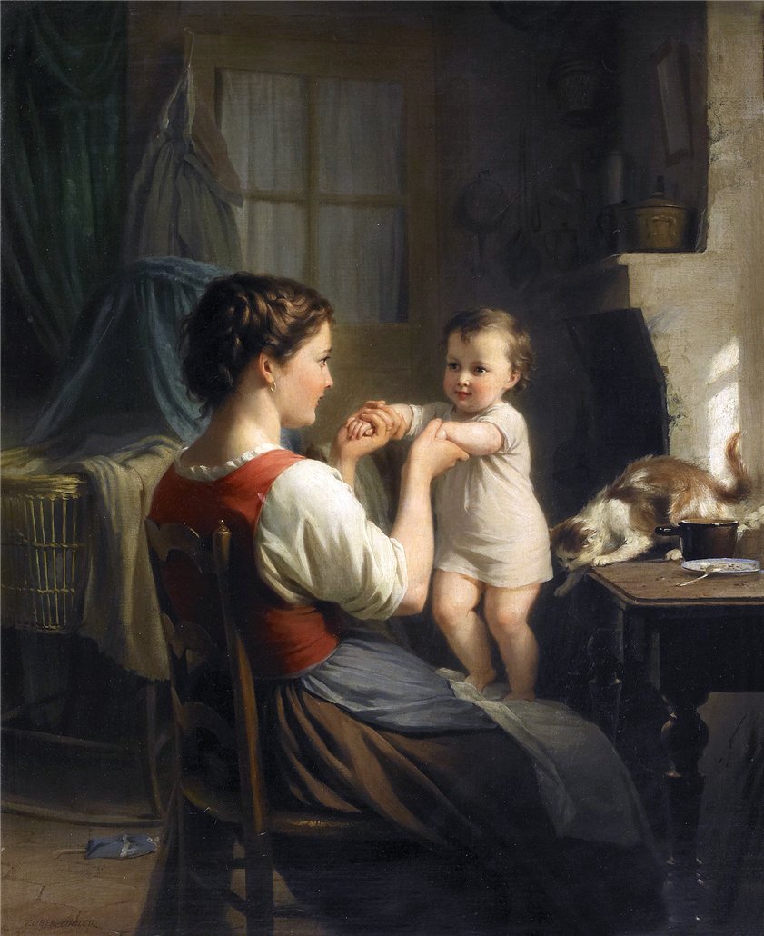 Mother And Child With Cat, vintage artwork by Fritz Zuber-Buhler, 12x8" (A4) Poster