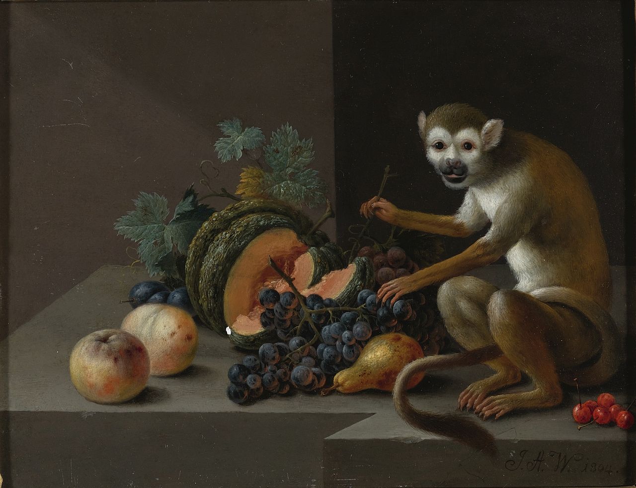 Still life with a melon, peaches, plums, grapes, cherries, a pear ans a monkey on a stone ledge, vintage artwork by Johann Amandus Winck, 12x8" (A4) Poster