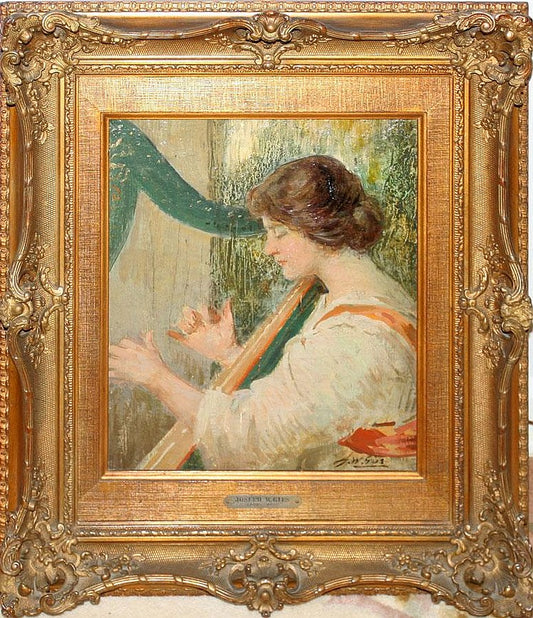 Lady playing a Harp, vintage artwork by Joseph W. Gies, 12x8" (A4) Poster
