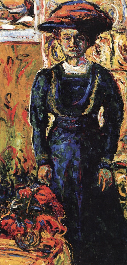Emmy Frisch with Red Flowers, vintage artwork by Ernst Ludwig Kirchner, 12x8" (A4) Poster
