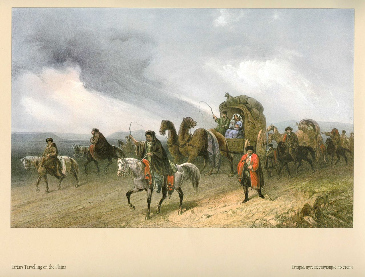 Tatars Traveling on the Plains, vintage artwork by Carlo Bossoli, A3 (16x12") Poster Print
