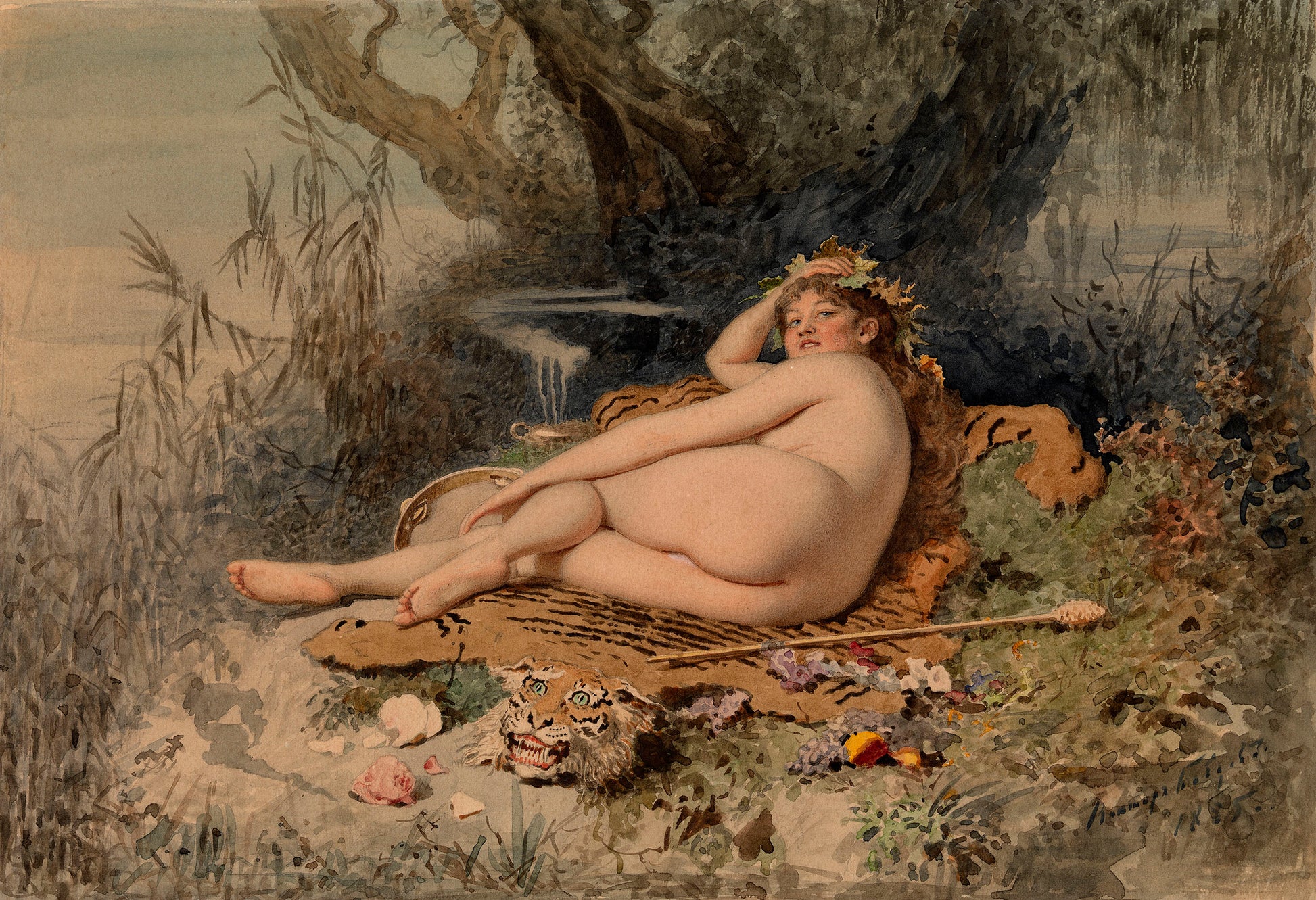 Nude on a Tiger Skin, vintage artwork by Viktor Bobrov, 12x8" (A4) Poster