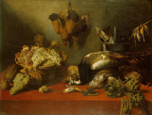 A Still Life of Fruit and Birds, vintage artwork by Attributed to Jacob Foppens van Es, 12x8" (A4) Poster