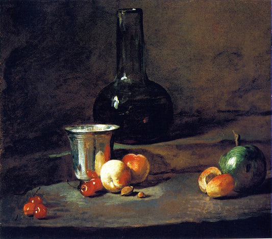 Carafe of Wine, Silver Goblet, Five Cherries, Two Peaches, an Apricot and a Green Apple, vintage artwork by Jean-Baptiste-Simeon Chardin, 12x8" (A4) Poster