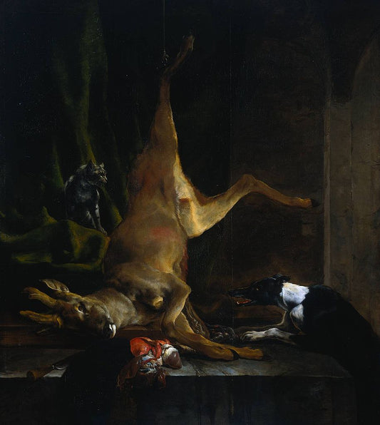 A Dog and a Cat near a Partially Disembowelled Deer, vintage artwork by Jan Baptist Weenix, 12x8" (A4) Poster