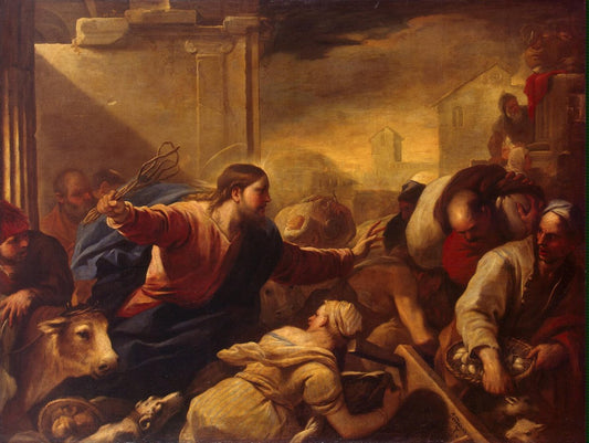 Expulsion of the Moneychangers from the Temple, vintage artwork by Luca Giordano, 12x8" (A4) Poster