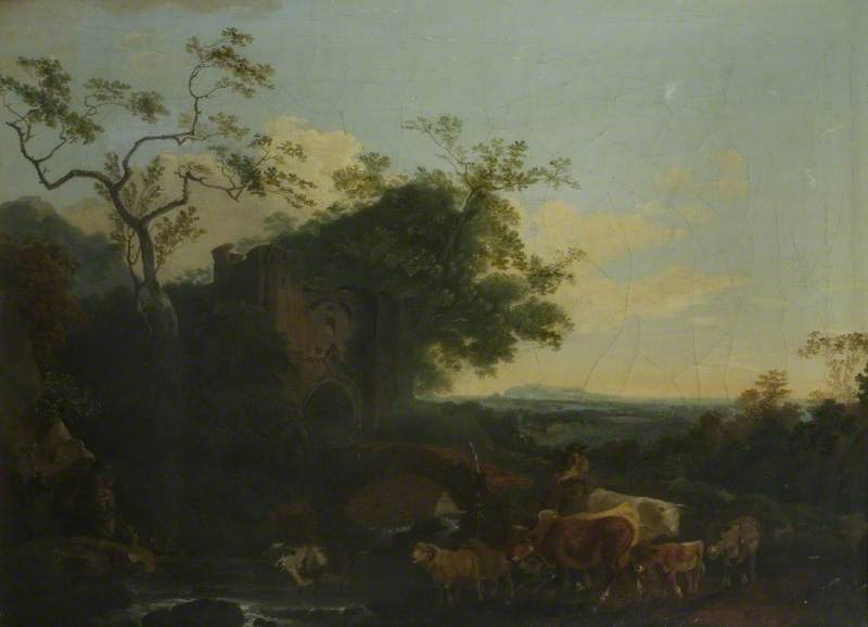 Landscape with Gateway and Cattle, vintage artwork by Philippe-Jacques de Loutherbourg, 12x8" (A4) Poster