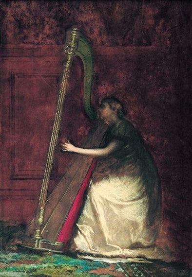 Lady Playing the Harp, vintage artwork by Eastman Johnson, 12x8" (A4) Poster