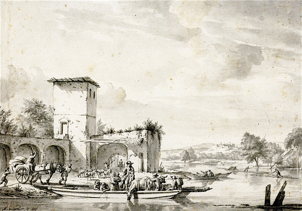Hilly Landscape with a Ferry on a River, vintage artwork by Adriaen van de Velde, 12x8" (A4) Poster