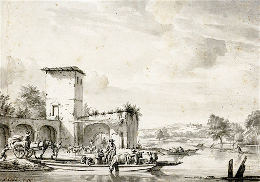 Hilly Landscape with a Ferry on a River, vintage artwork by Adriaen van de Velde, 12x8" (A4) Poster