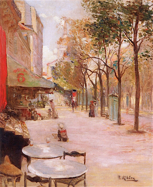 Paris Street Scene, vintage artwork by Pedro (Pierre) Ribera, 12x8" (A4) Poster