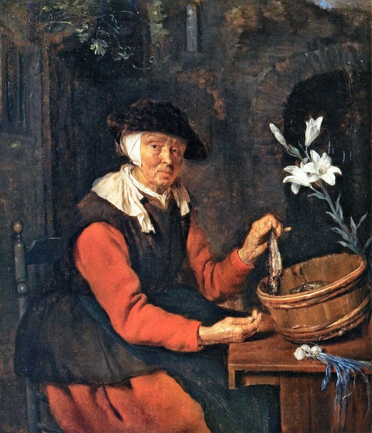 An Old Woman Preparing Herrings, vintage artwork by Gabriël Metsu, 12x8" (A4) Poster