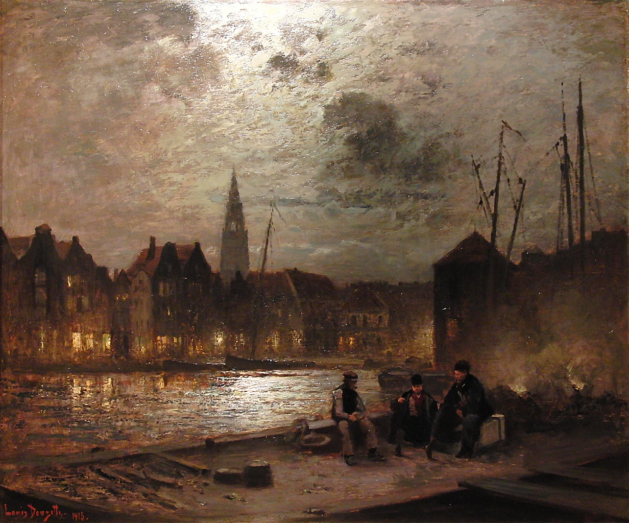 Harbor in Moonlight, vintage artwork by Louis Douzette, 12x8" (A4) Poster