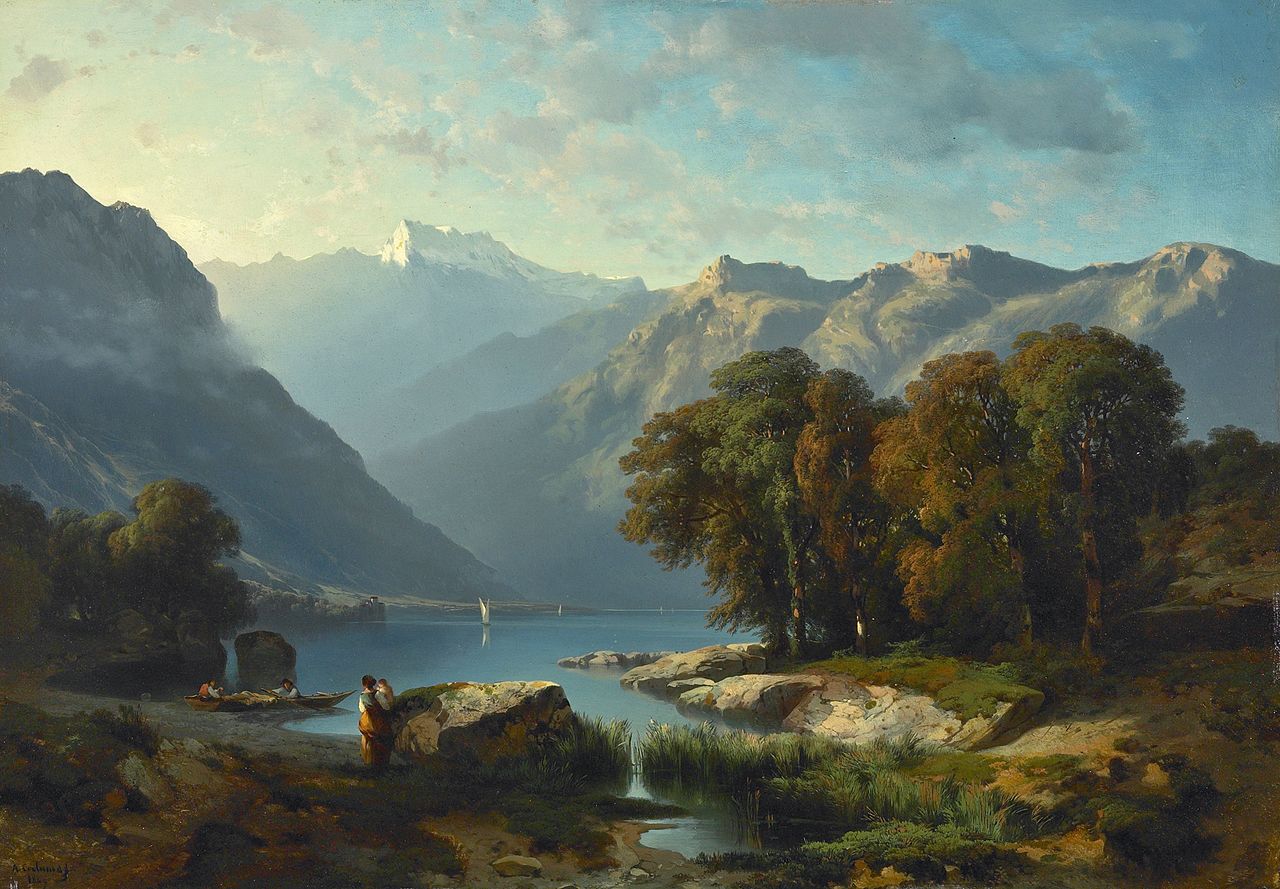 View of Lake Geneva, vintage artwork by Alexandre Calame, A3 (16x12") Poster Print