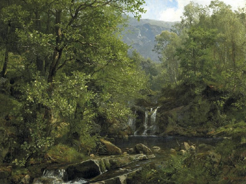 Cascade in Wooded Mountains, vintage artwork by Anders Monsen Askevold, 12x8" (A4) Poster