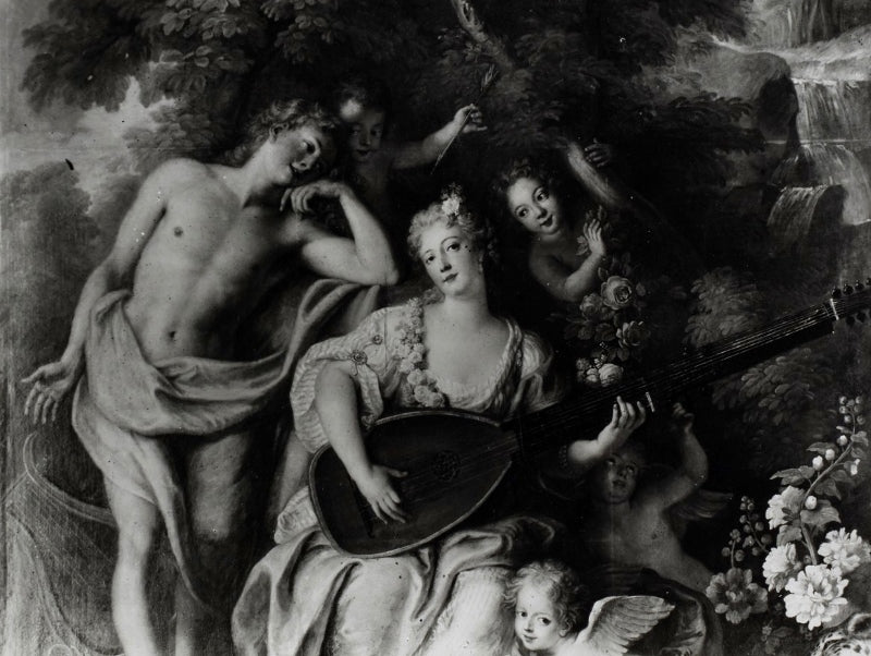 La Marechale de Villars jouant du theorbe, detail, vintage artwork by Attributed to Charles-Antoine Coypel IV, 12x8" (A4) Poster