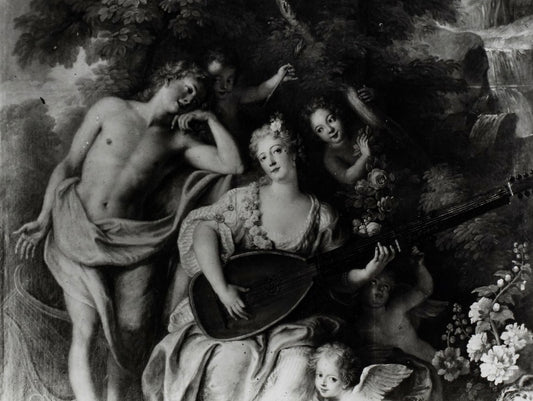 La Marechale de Villars jouant du theorbe, detail, vintage artwork by Attributed to Charles-Antoine Coypel IV, 12x8" (A4) Poster