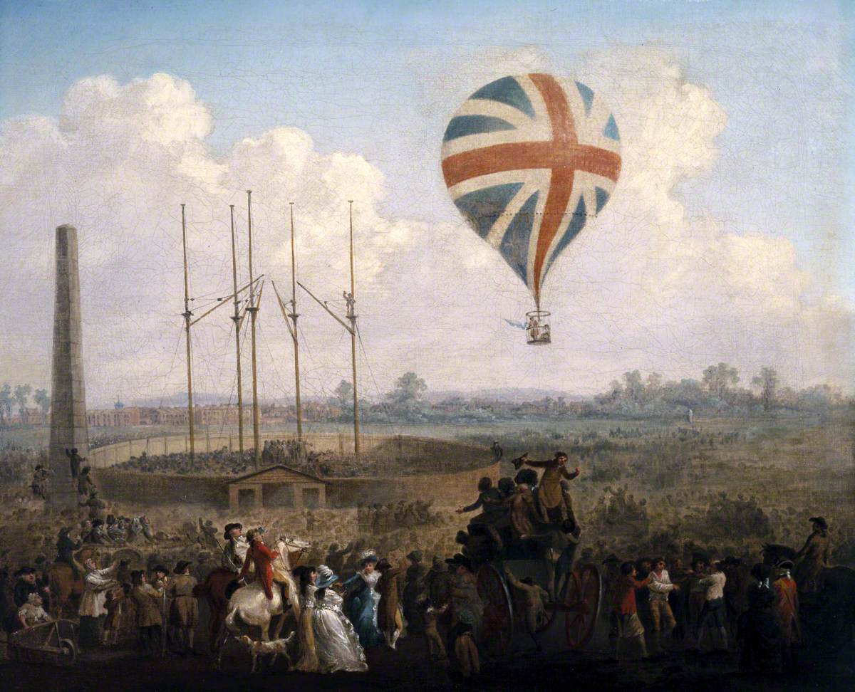 Lunardi's Second Balloon Ascending from St George's Fields, 1785, vintage artwork by Julius Caesar Ibbetson, 12x8" (A4) Poster