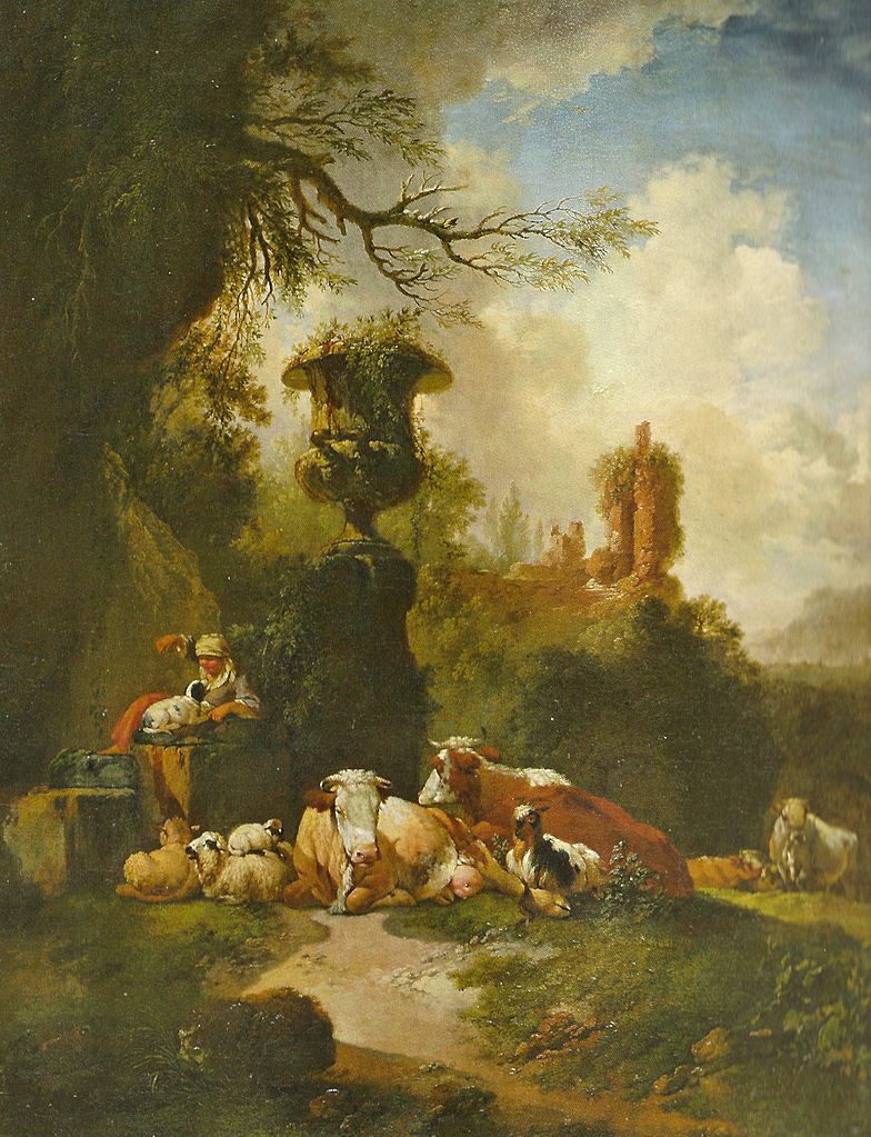 Bucolic Landscape with Urn, vintage artwork by Christian Wilhelm Ernst Dietrich, 12x8" (A4) Poster