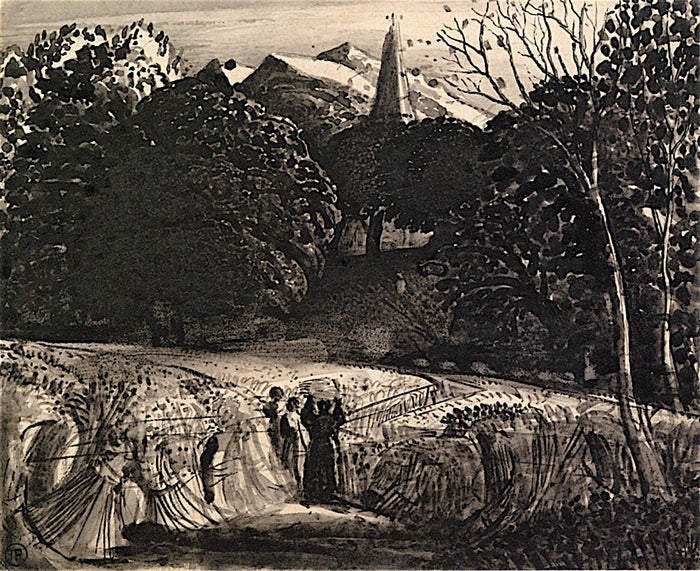 Cornfield and Church by  Moonlight, vintage artwork by Samuel Palmer, A3 (16x12