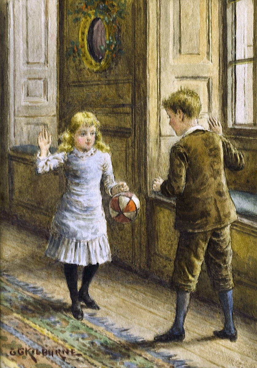 Boy and Girl with a Ball, vintage artwork by George Goodwin Kilburne, 12x8" (A4) Poster
